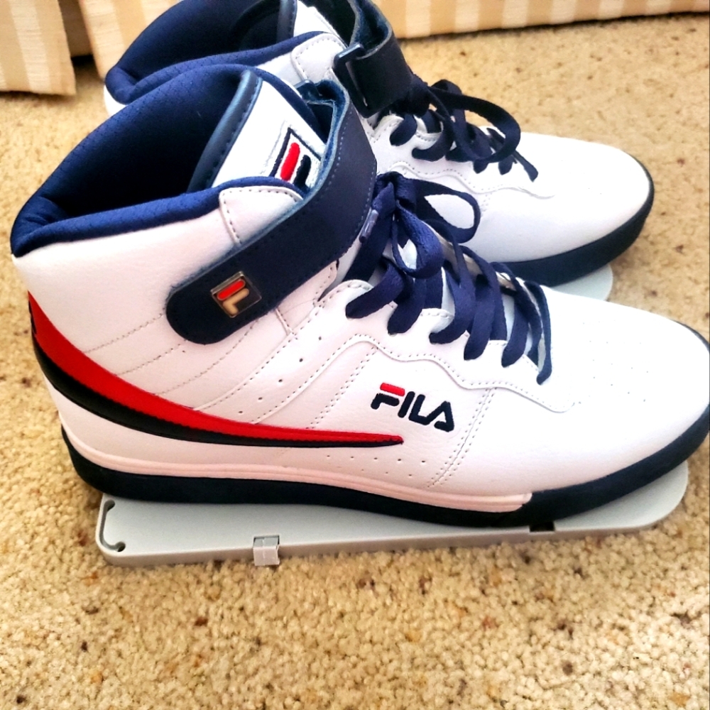 White navy blue and red Fila high tops